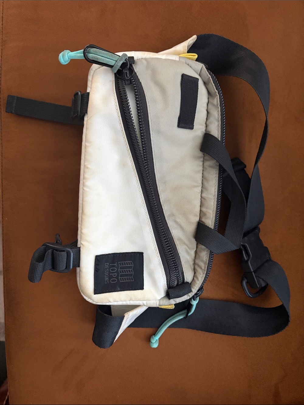 Topo Designs Cream and Grey Quick Pack with Black Strap and Teal Accents